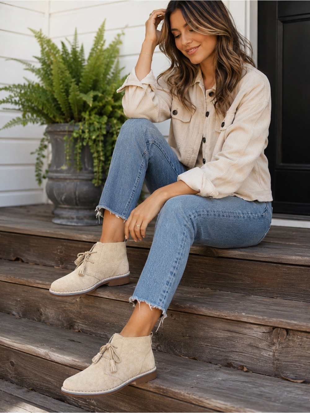 Hush Puppies Women’s Suede Chukka Ankle Boots Wide 6.5 Beige Comfort Tassel